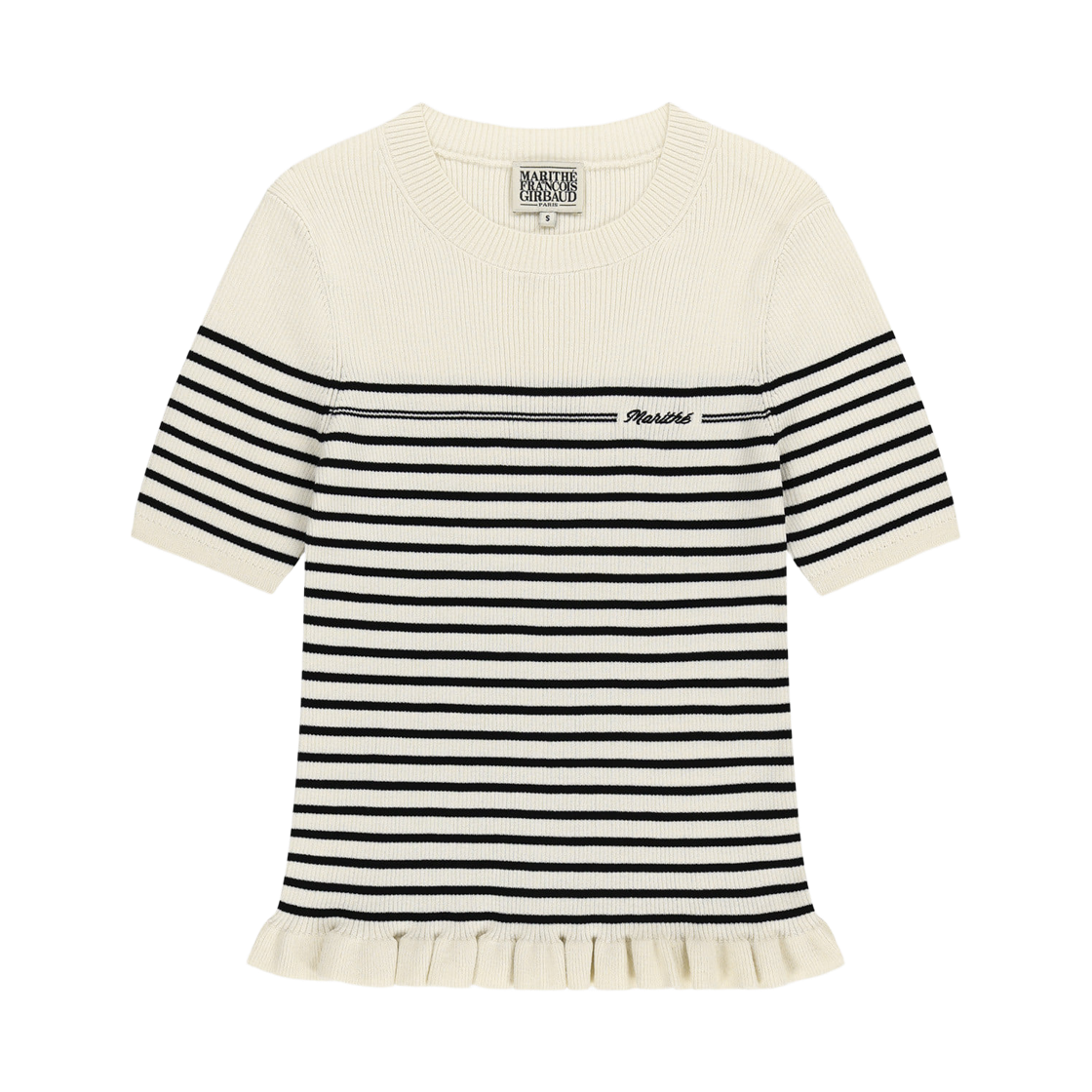 (W) 마리떼 프랑소와 저버 러플 포인트 스트라이프 하프 니트 풀오버 베이지((W) Marithe Francois Girbaud Ruffle Point Stripe Half Knit Pullover Beige)