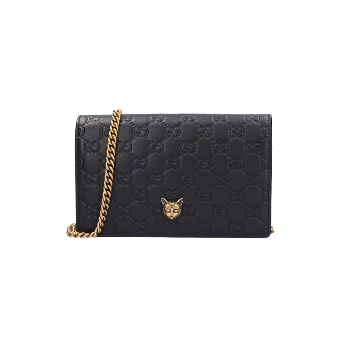 ITSKCOACL9T2 Gucci 548060 Shima Cat Head Chain Wallet in Black & Gold