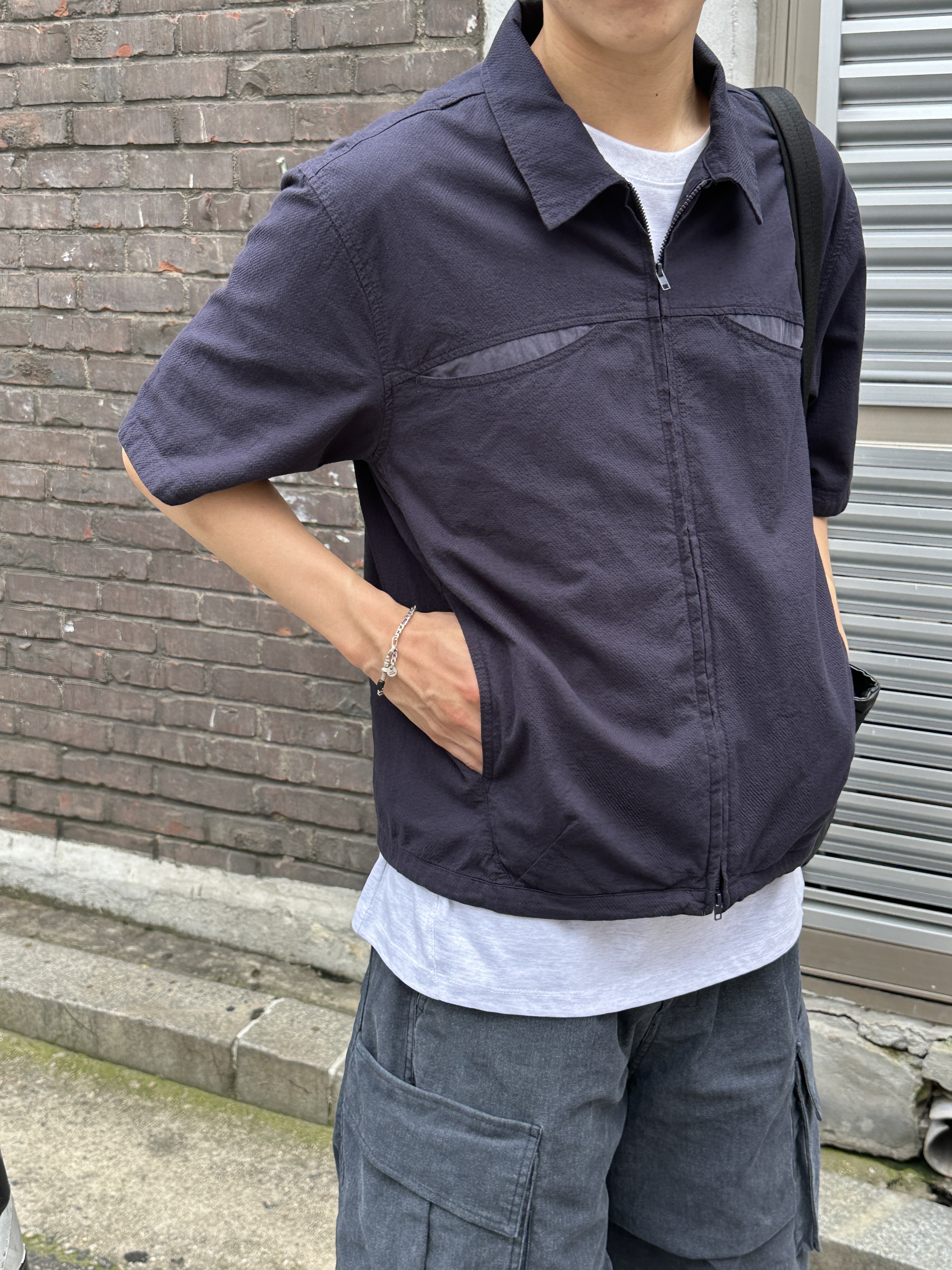 Millo Archive Rig Zip-Up Shirt Navy, Millo Archive Rig Zip-Up Shirt Blue Gray 착용 스타일 - 2