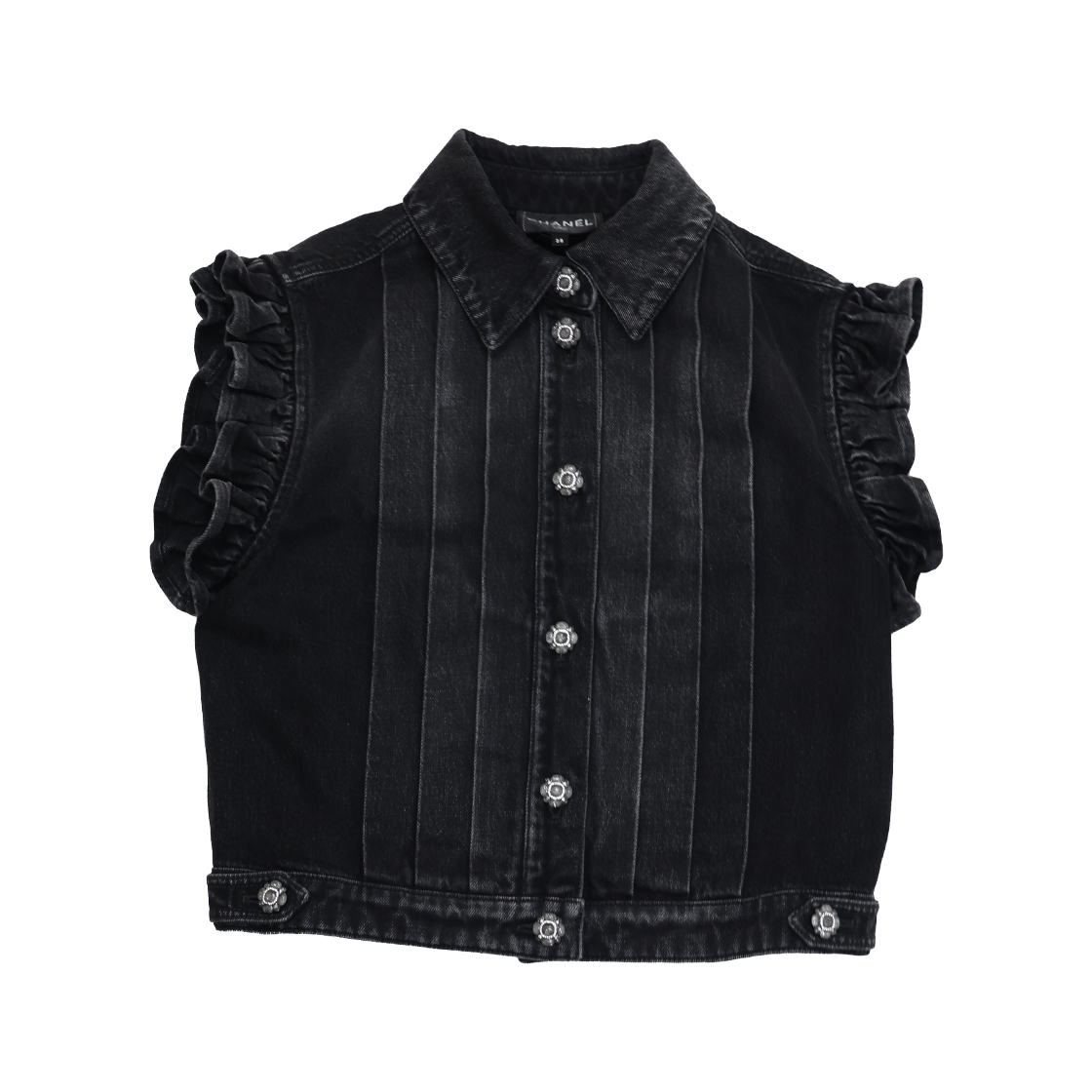 IT2NL4LWA8QJ Chanel P77615 Washed Denim Ruffle Vest in Black Cotton