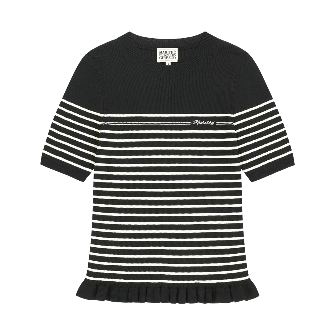 (W) 마리떼 프랑소와 저버 러플 포인트 스트라이프 하프 니트 풀오버 블랙((W) Marithe Francois Girbaud Ruffle Point Stripe Half Knit Pullover Black) - 1