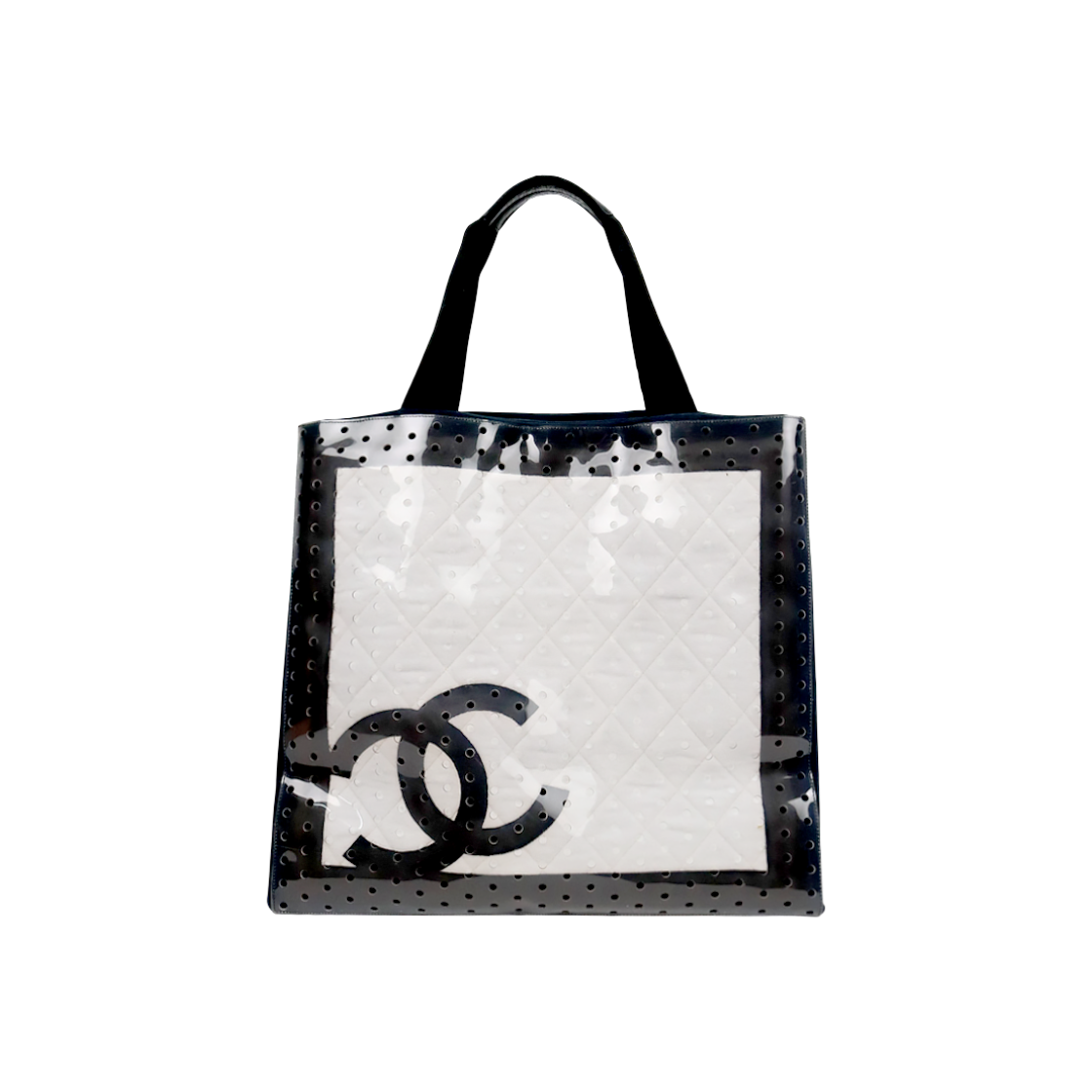 ITAV72NOG379 Chanel Black White Perforated PVC Tote Bag A-A60245