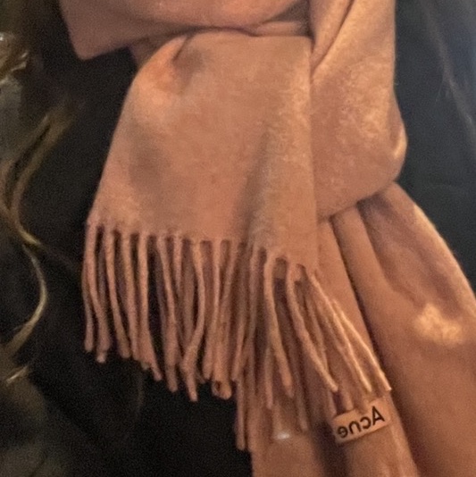 Acne Studios Narrow Wool Fringe Muffler Rose Melange 착용 스타일
