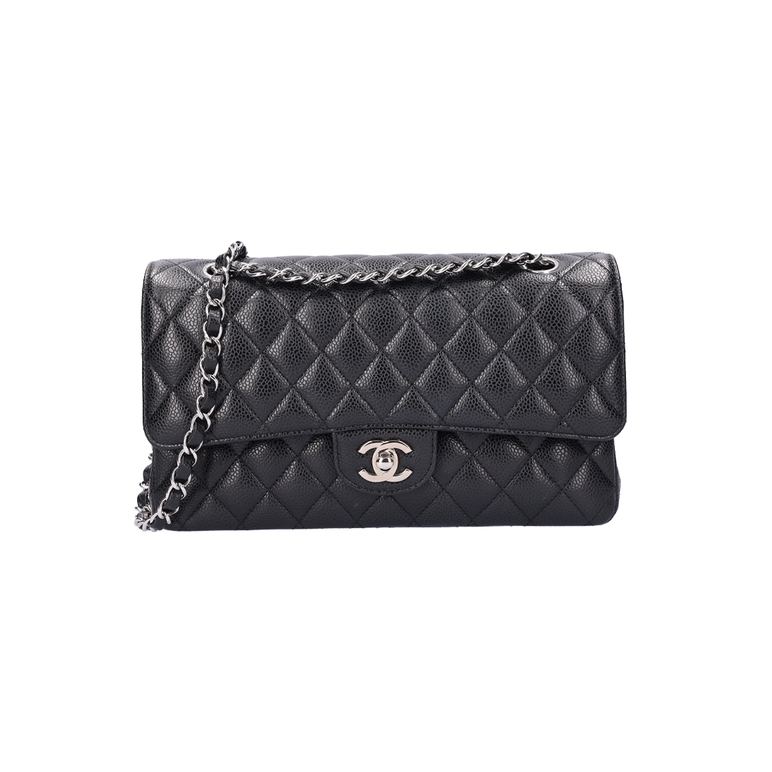 샤넬 A01112 클래식 미디움 플랩백 카프스킨 블랙 은장(Chanel A01112 Classic Medium Flap Bag Black Calfskin)