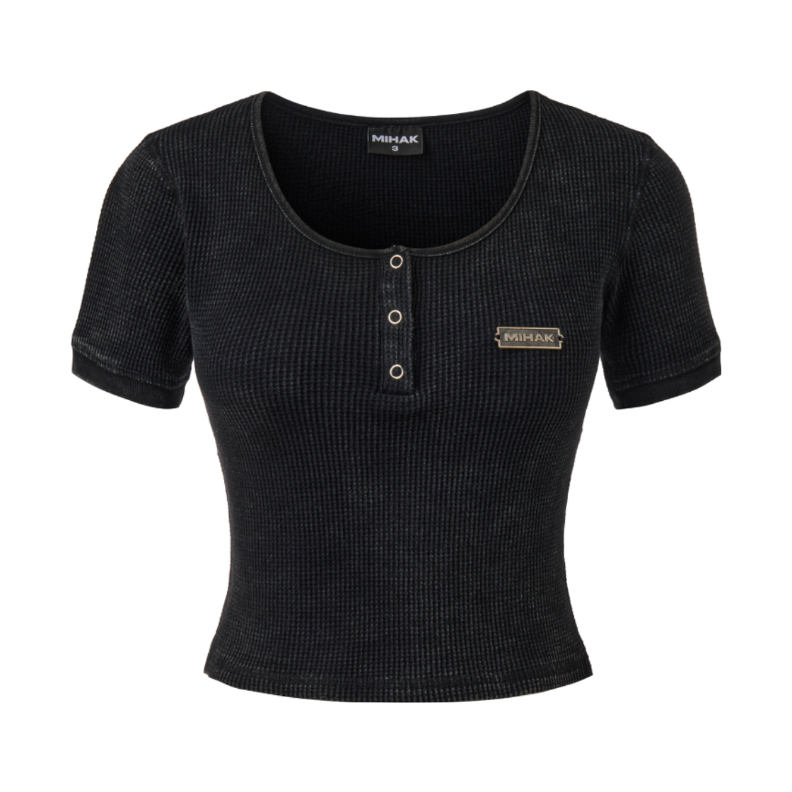 26SMWT-2200BK MIHAK Metal Label Washed Waffle Henley Neck Crop T-shirt Black