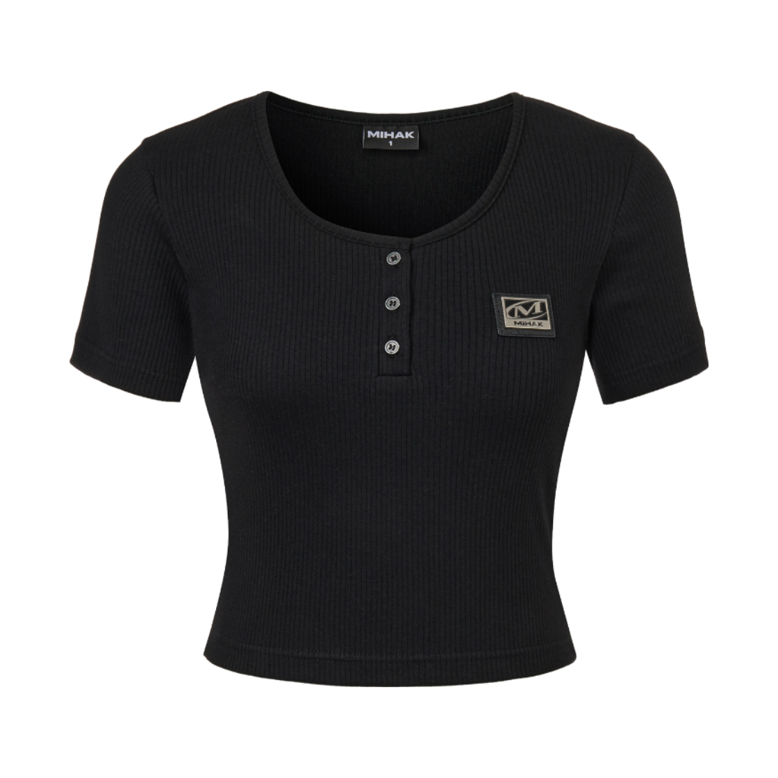 26SMWT-2207BK MIHAK Metal Plate Crop Henley Neck T-shirt Black