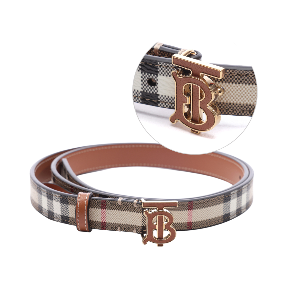 [25% 쿠폰] (W) 버버리 씬 체크 TB 벨트 아카이브 베이지 브라이어 브라운([25% 쿠폰] (W) Burberry Thin Check TB Belt in Archive Beige Briar Brown) - 2