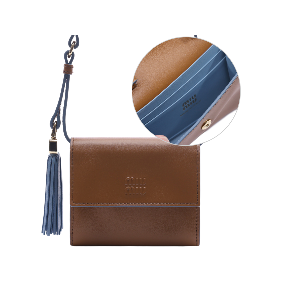 [25% 쿠폰] 미우 미우 숄더 스트랩 레더 월렛 꼬냑 아스트랄 블루([25% 쿠폰] Miu Miu Leather Wallet with Shoulder Strap Cognac Astral Blue) - 2