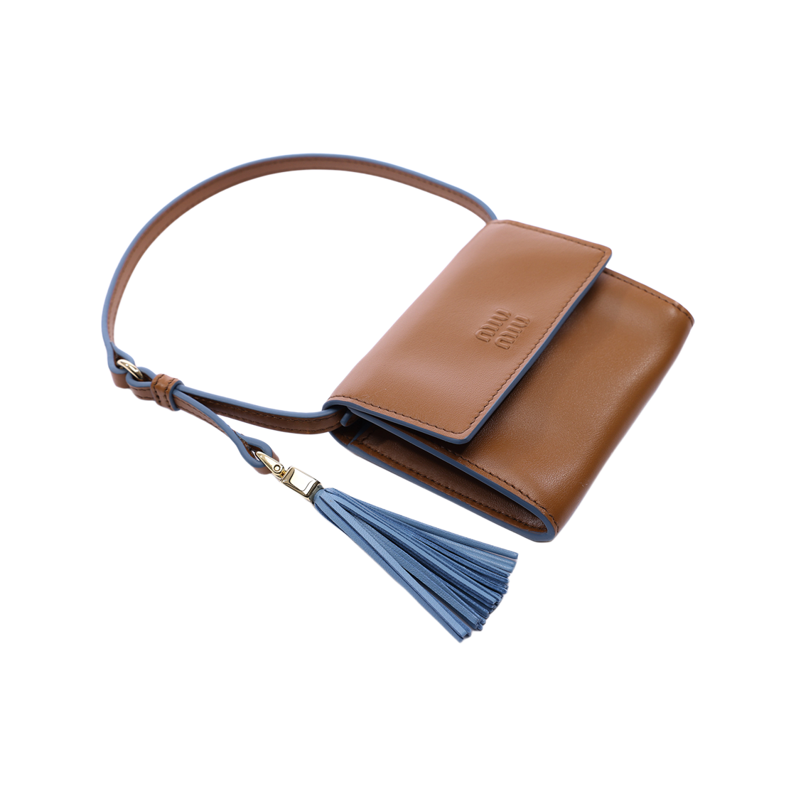 [25% 쿠폰] 미우 미우 숄더 스트랩 레더 월렛 꼬냑 아스트랄 블루([25% 쿠폰] Miu Miu Leather Wallet with Shoulder Strap Cognac Astral Blue) - 5
