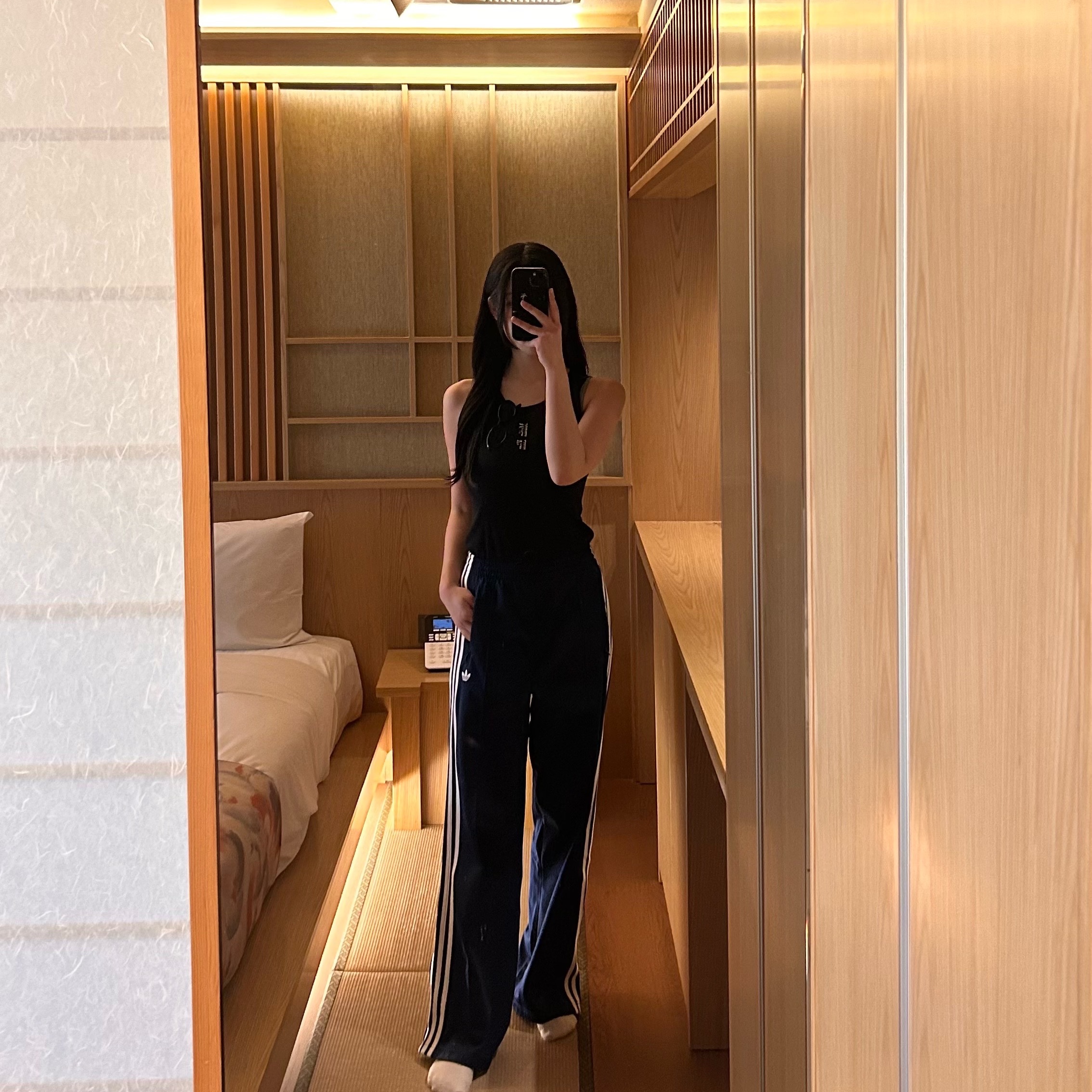 (W) Adidas Firebird Loose Track Pants Night Indigo Off White - KR Sizing, (W) Matin Kim Pintuck Sleeveless Top Black 착용 스타일 - 1