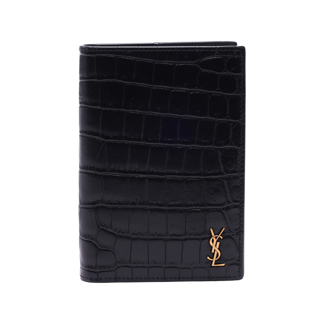 607659_DZEDW_1000_21F [25% 쿠폰] Saint Laurent Tiny Cassandre Passport Case in Crocodile Embossed Matte Leather Black