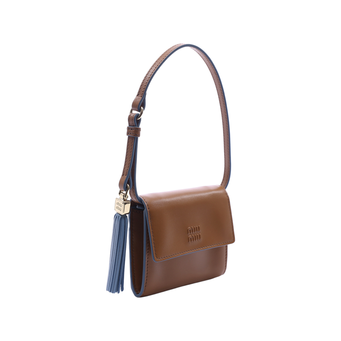 [25% 쿠폰] 미우 미우 숄더 스트랩 레더 월렛 꼬냑 아스트랄 블루([25% 쿠폰] Miu Miu Leather Wallet with Shoulder Strap Cognac Astral Blue) - 3