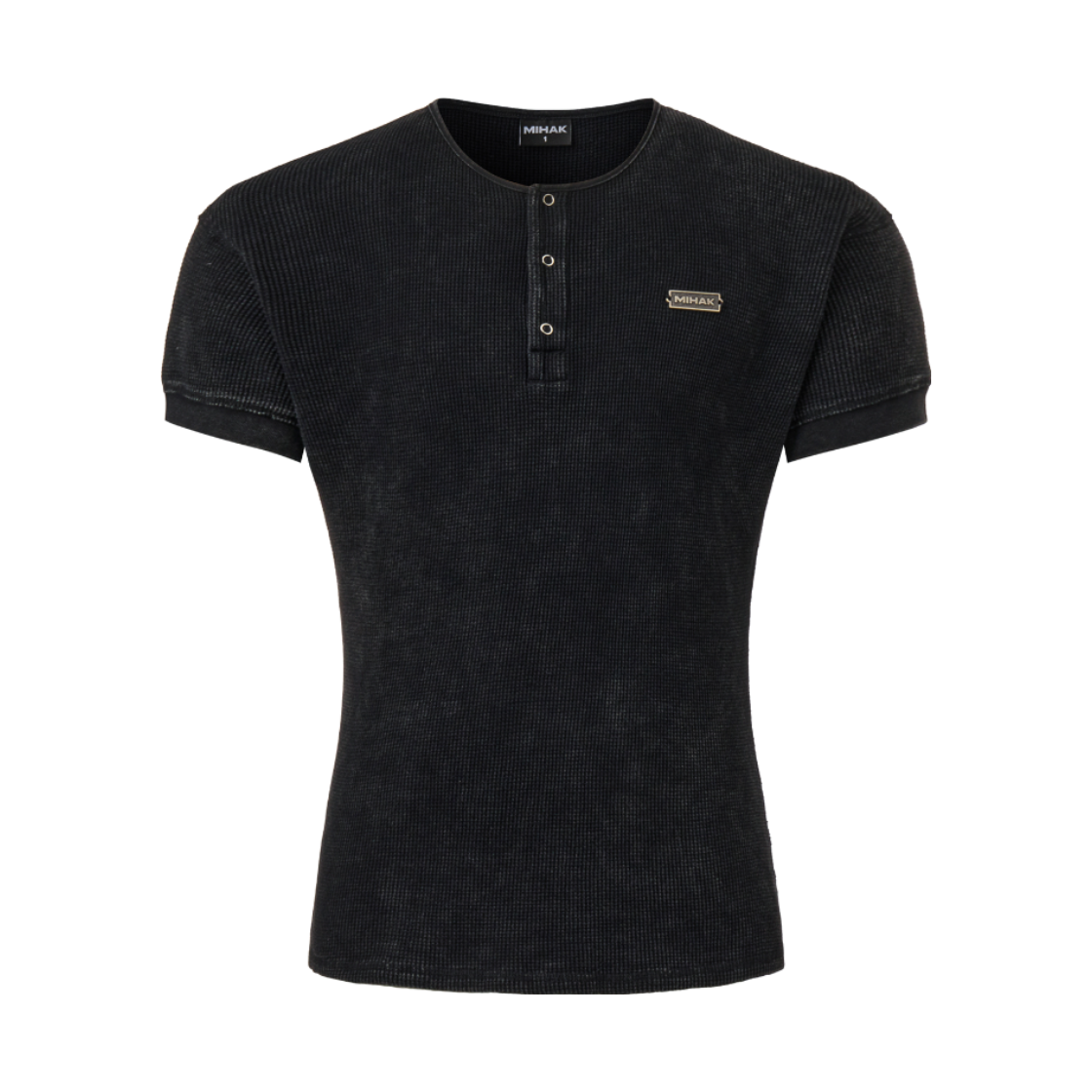 미학 메탈 라벨 워시드 와플 헨리넥 티셔츠 블랙(MIHAK Metal Label Washed Waffle Henley Neck T-shirt Black) - 1