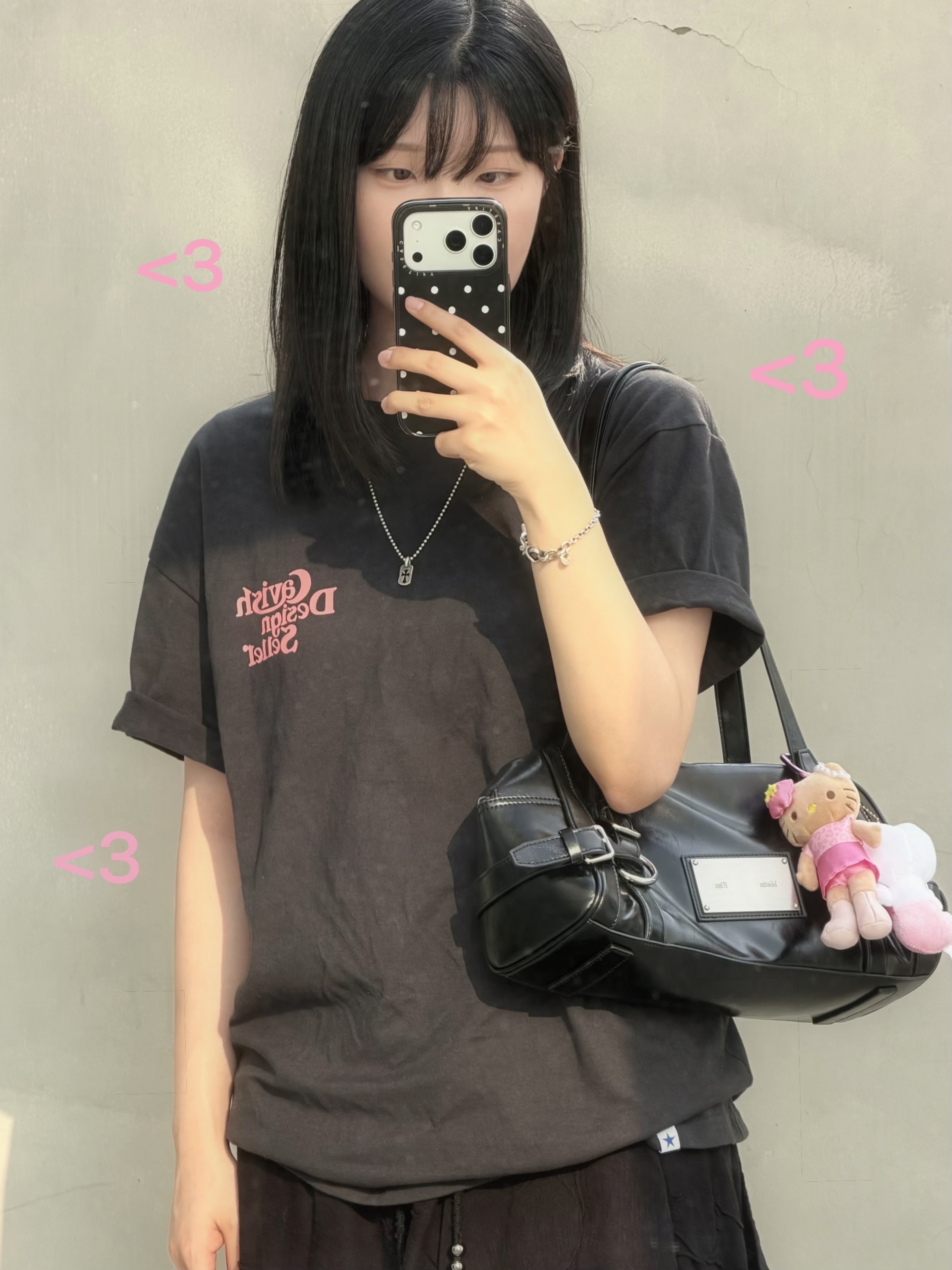 Matin Kim Biker Detail Medium Shoulder Bag Black, Chrome Hearts Dog Tag Tiny Cut Out Cross Pendant Silver 착용 스타일 - 1