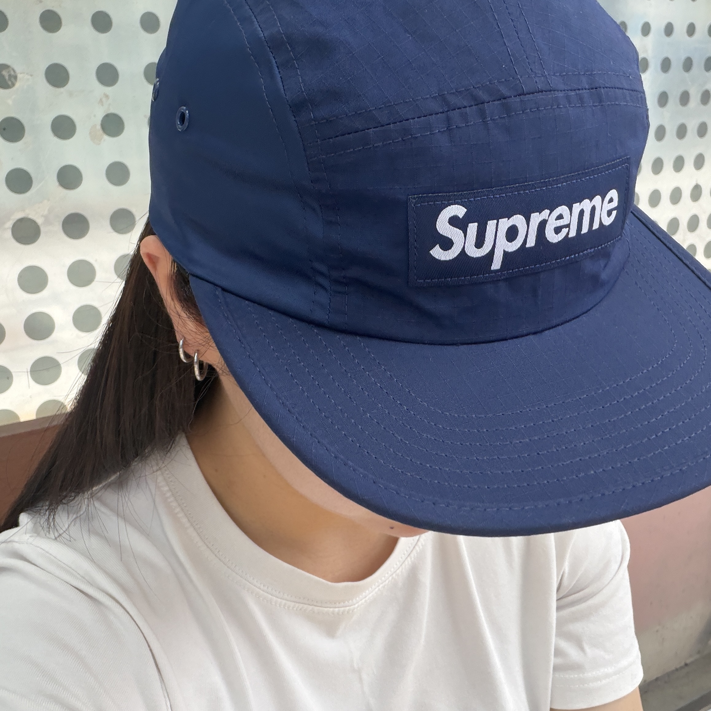 Supreme Waxed Ripstop Camp Cap Navy - 24FW 착용 스타일