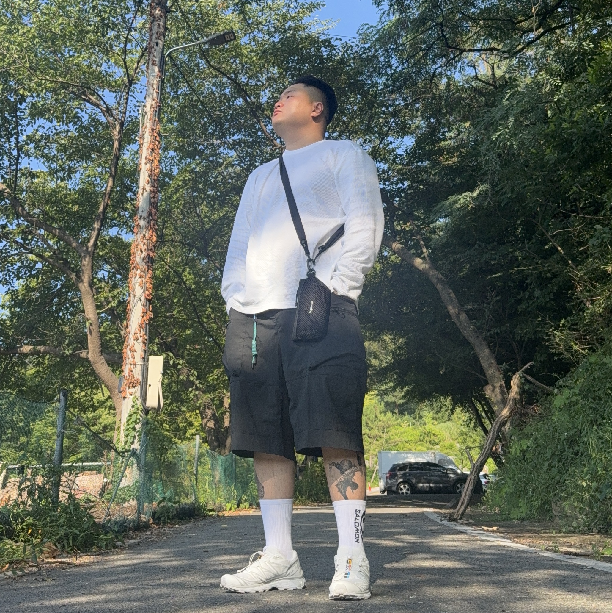 Salomon Pinnacle LT Shorts Black, Salomon XT-6 ADV White 착용 스타일