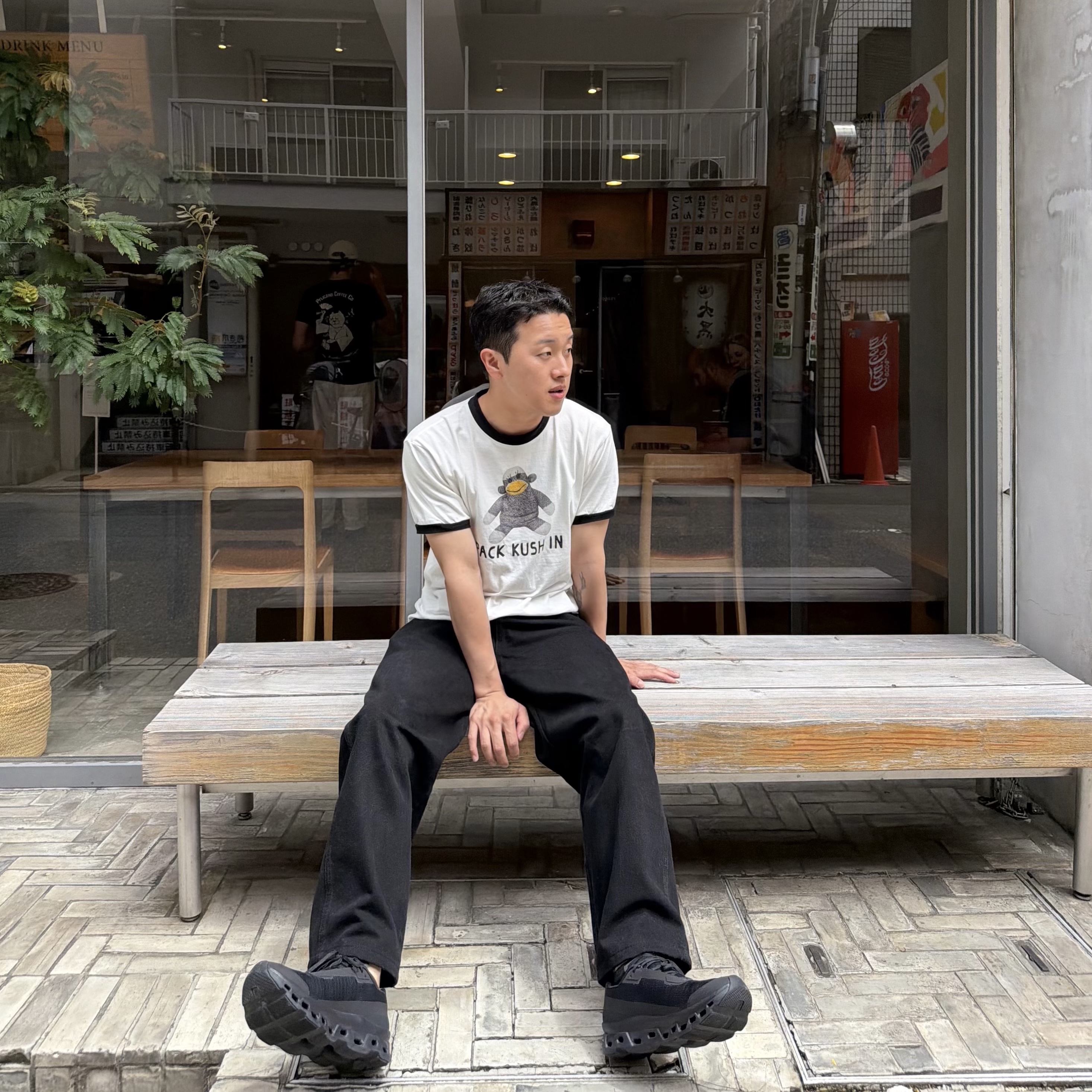 Kapital 20 Jersey Ringer T-Shirt Chiro Pack Kush In Pt White, On Running Cloudmonster Void Black 착용 스타일