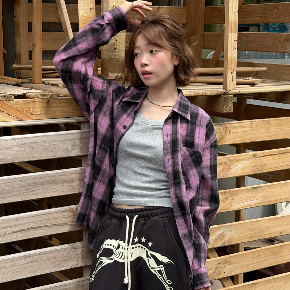 아모우 코어 플란넬 셔츠 핑크(AMOU Core Flannel Shirts Pink) - 4