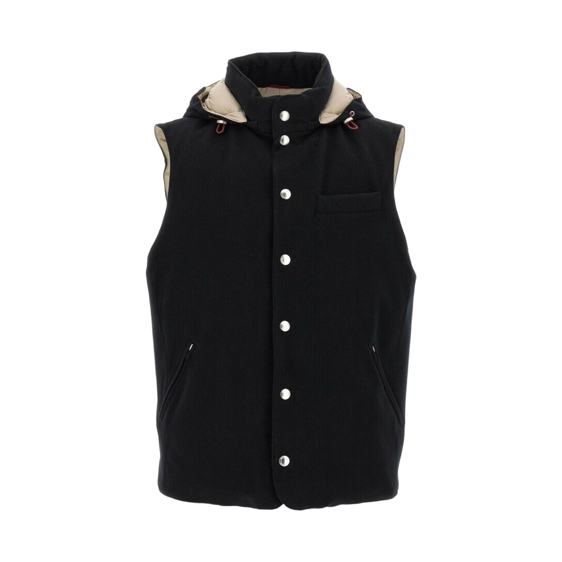 브루넬로 쿠치넬리 본디드 울 플란넬 다운 베스트 디태쳐블 후드 블랙(Brunello Cucinelli Bonded Wool Flannel Down Vest with Detachable Hood Black)