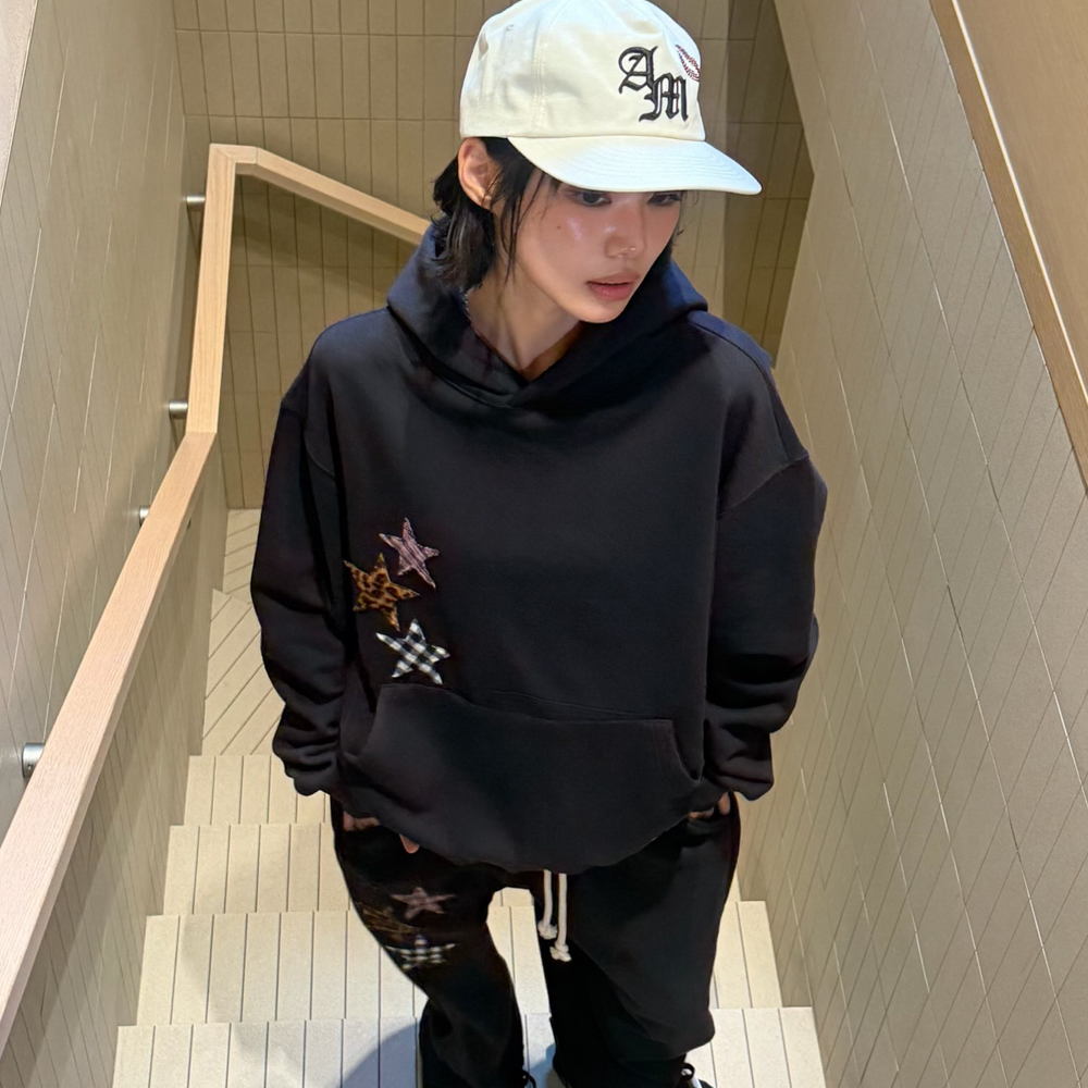 아모우 믹스 스타 아플리케 후디 블랙(AMOU Mix Star Applique Hoodie Black) - 6