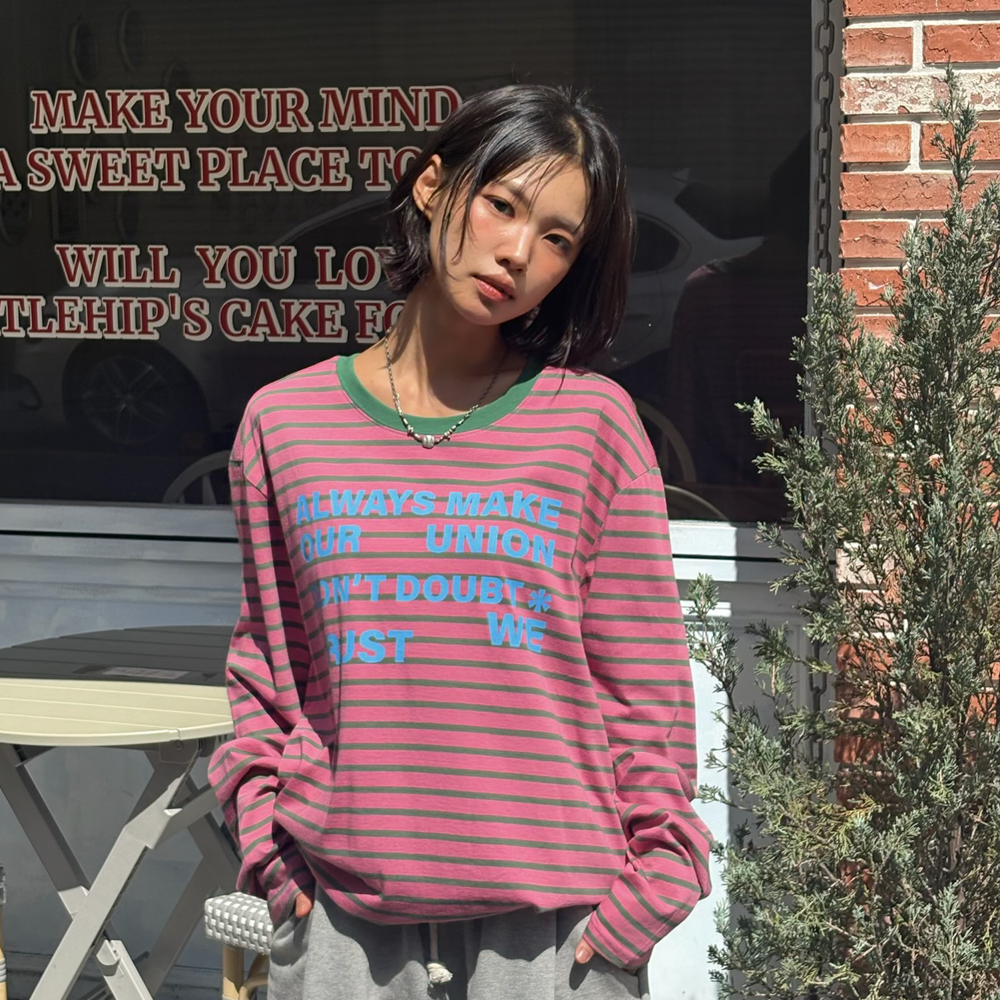 아모우 레터링 스트라이프 롱슬리브 핑크(AMOU Lettering Stripe Long Sleeve Pink) - 4