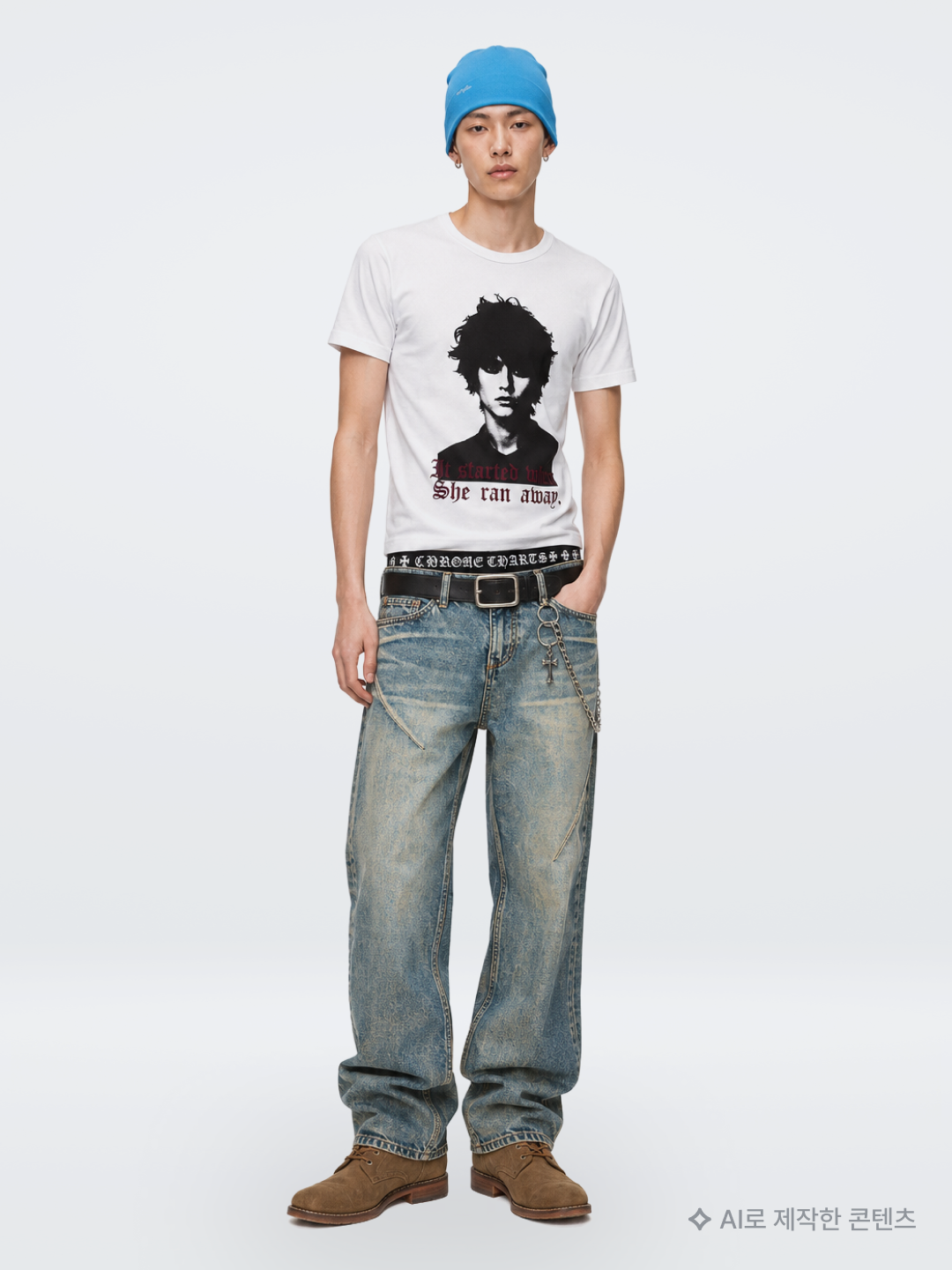 Keymisery Human Print Crop T-shirt Offwhite, [트리플적립] PACOSPLY Allday Jeans Blue 착용 스타일 - 1