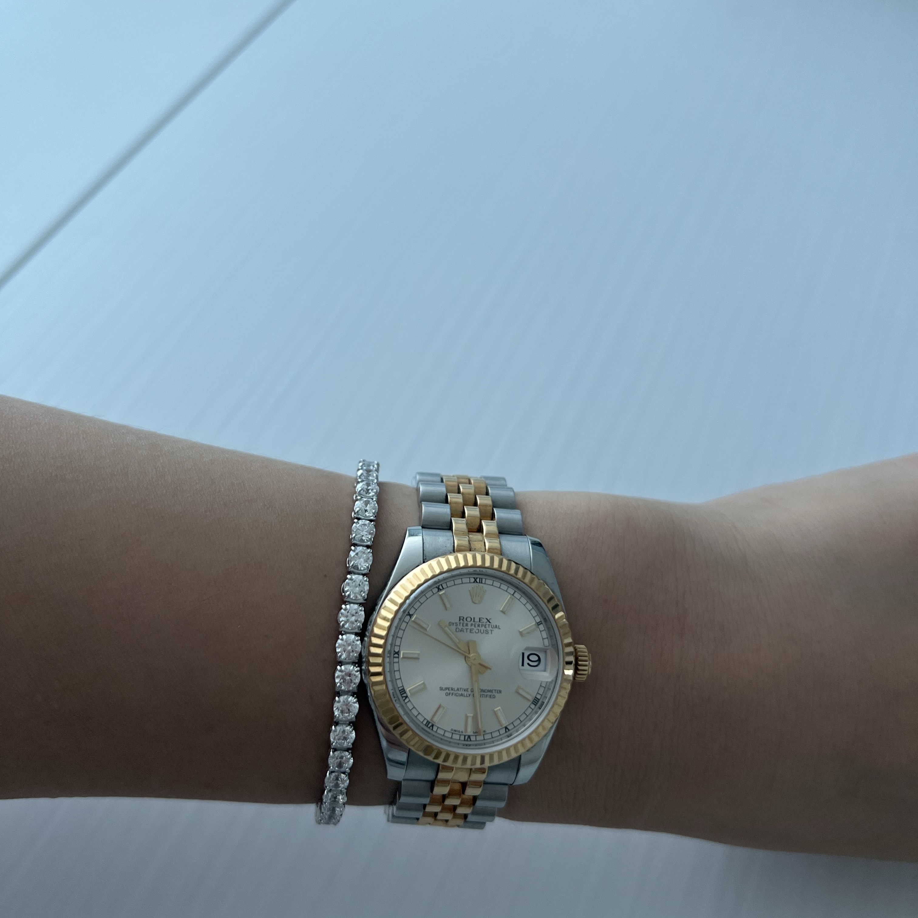 (W) Swarovski Matrix Tennis Bracelet White Rhodium Plated 착용 스타일