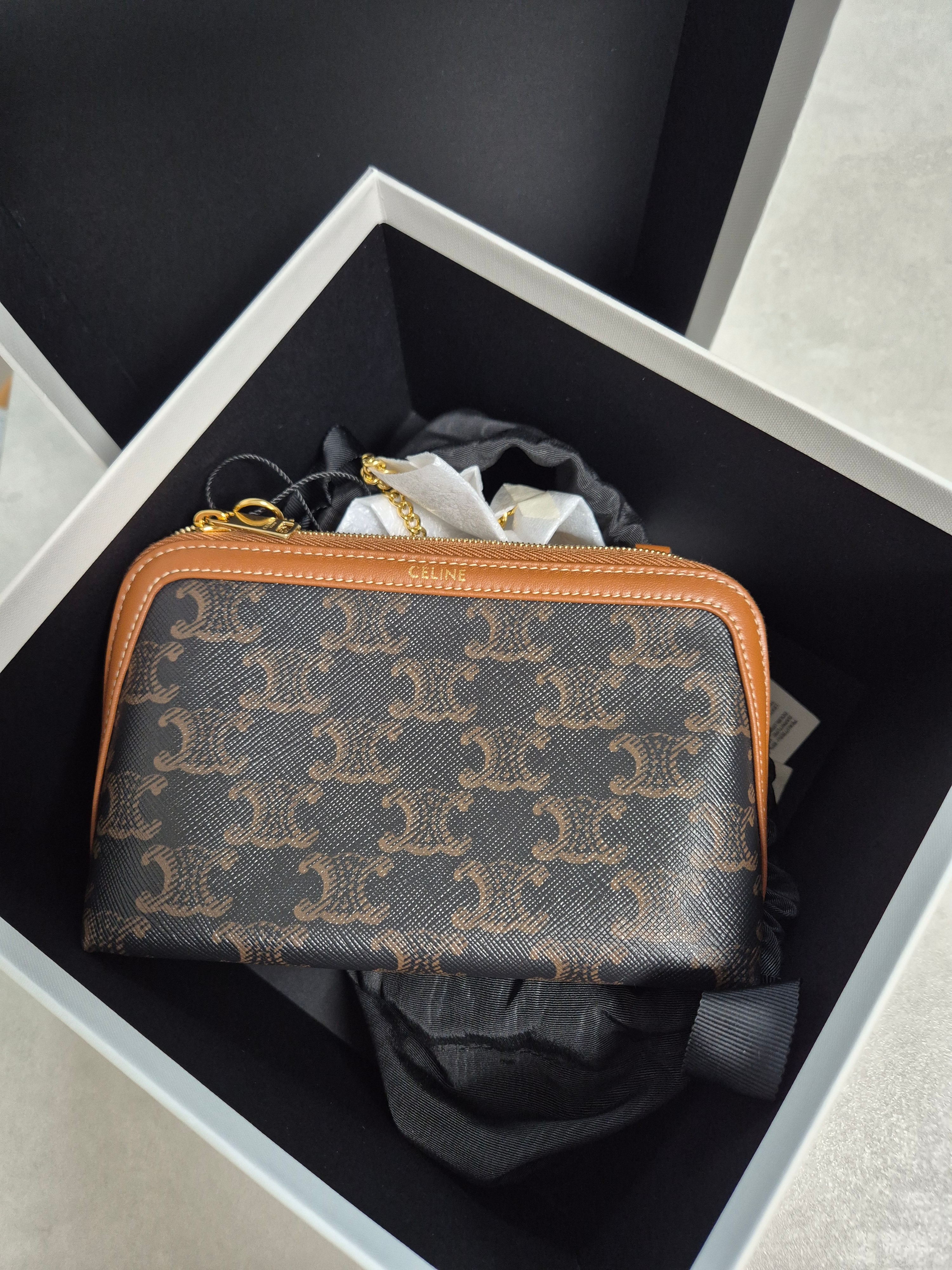Celine Clutch with Chain in Triomphe Canvas and Lambskin Tan 착용 스타일 - 2