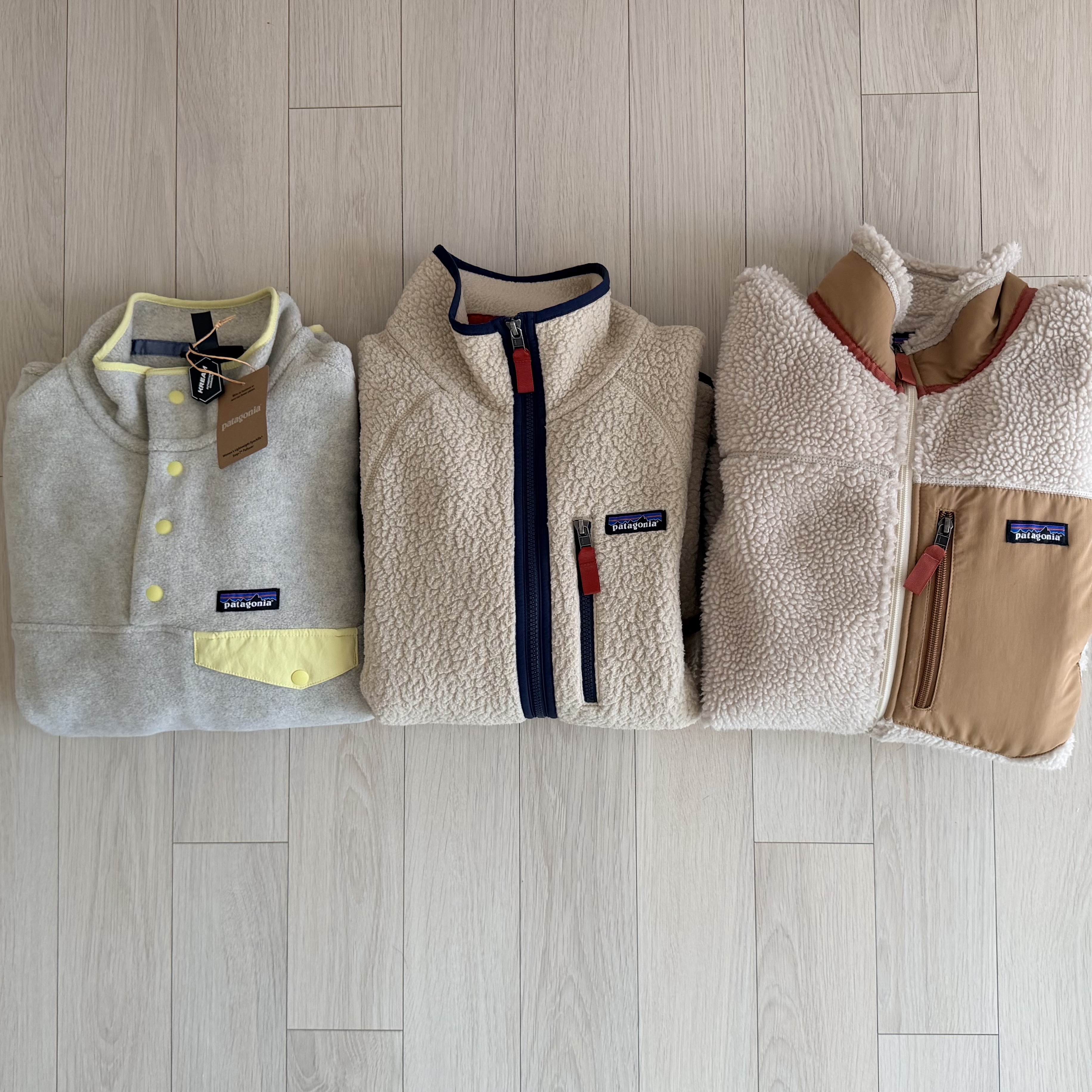(W) Patagonia Lightweight Synchilla Snap-T Fleece Pullover Oatmeal Heather W Nearly Green, Patagonia Retro Pile Fleece Jacket Pelican W Smolder Blue 착용 스타일 - 2