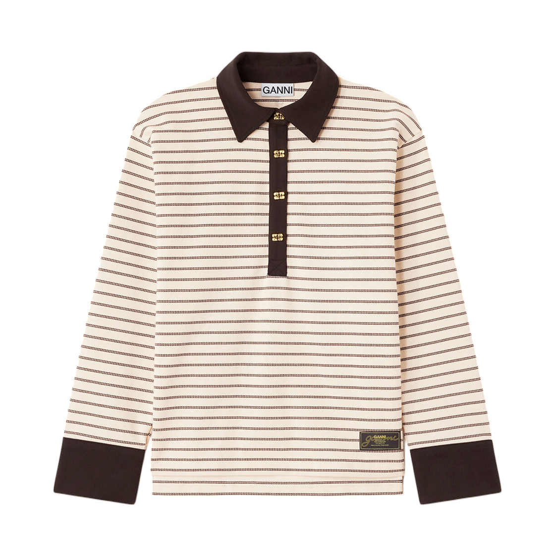A1170012-ZXG (W) Ganni Polo Shirt in Stripe Chocolate Brown