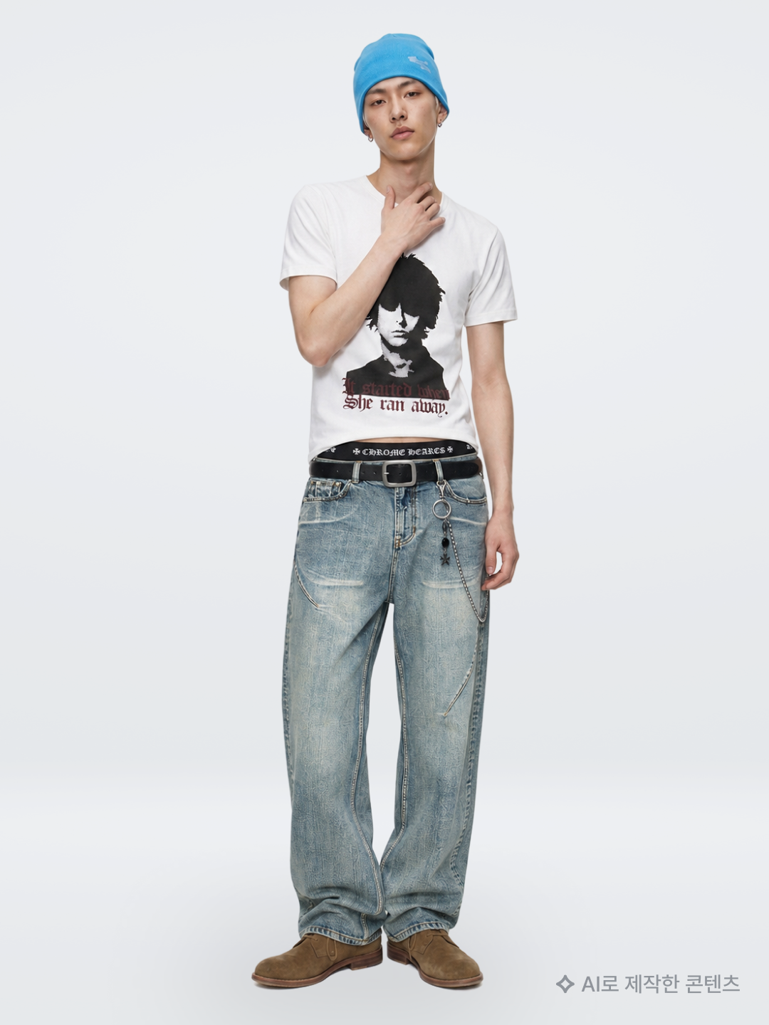 Keymisery Human Print Crop T-shirt Offwhite, [트리플적립] PACOSPLY Allday Jeans Blue 착용 스타일 - 2