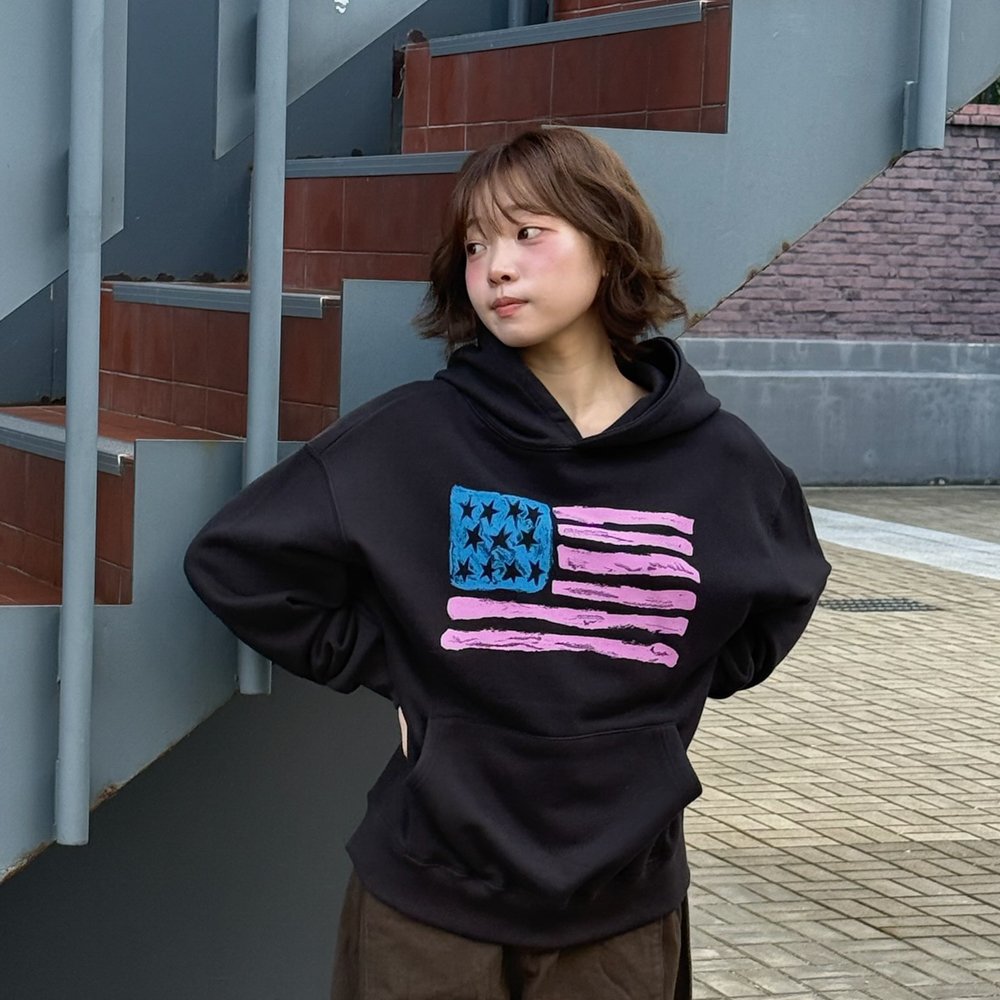아모우 유에스에이 페인티드 후디 블랙(AMOU USA Painted Hoodie Black) - 5