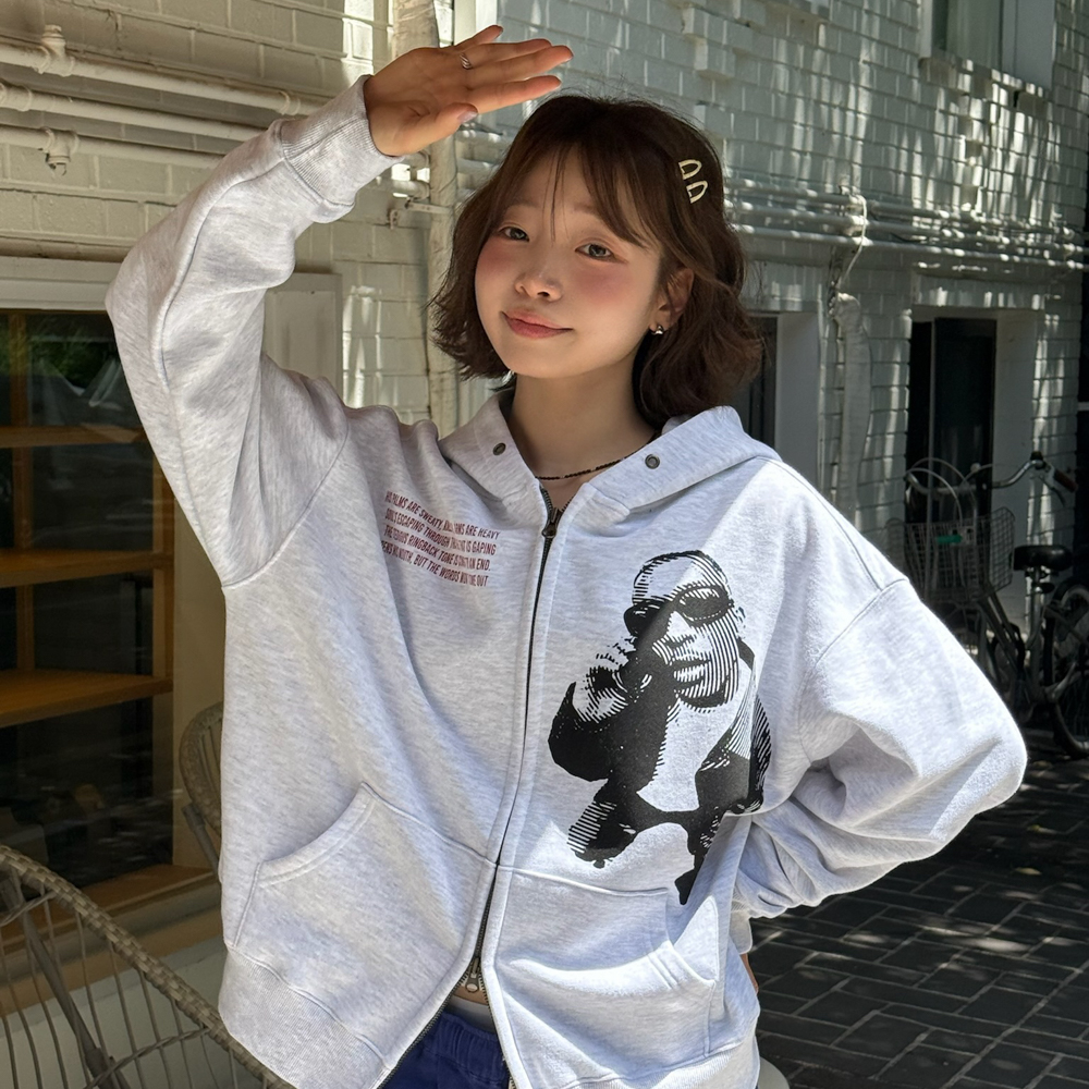 아모우 핫라인 후디 집업 화이트 그레이(AMOU Hotline Hoodie Zip-up White Gray) - 4