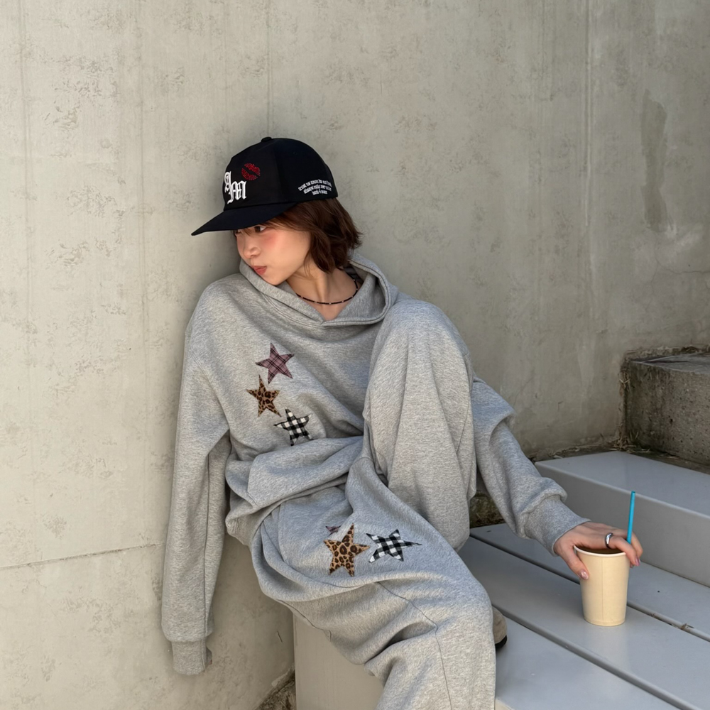 아모우 믹스 스타 아플리케 후디 그레이(AMOU Mix Star Applique Hoodie Gray) - 5