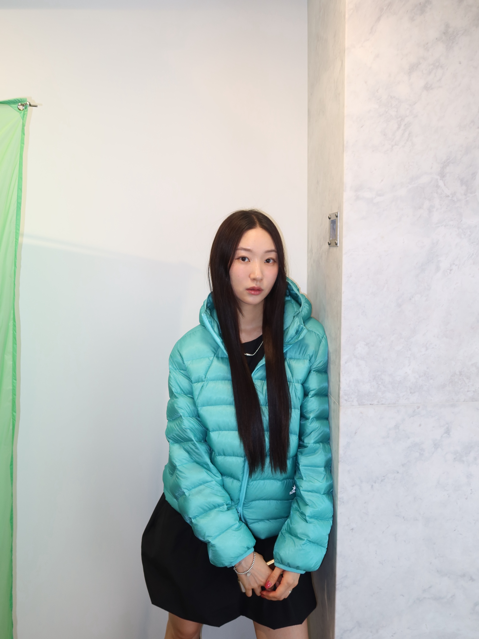 sunlovetour Hooded Fly Light Down Jacket Mint 착용 스타일