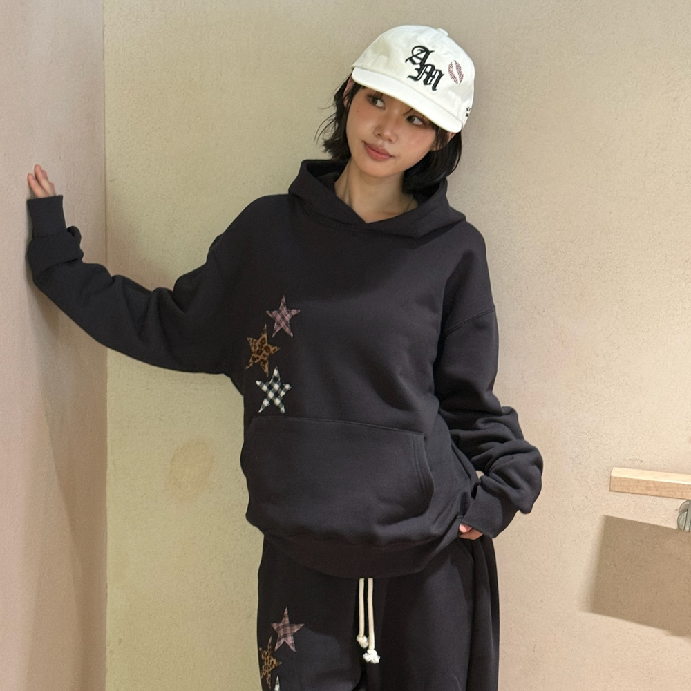 아모우 믹스 스타 아플리케 후디 블랙(AMOU Mix Star Applique Hoodie Black) - 5