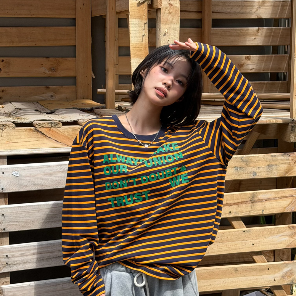 아모우 레터링 스트라이프 롱슬리브 오렌지(AMOU Lettering Stripe Long Sleeve Orange) - 5