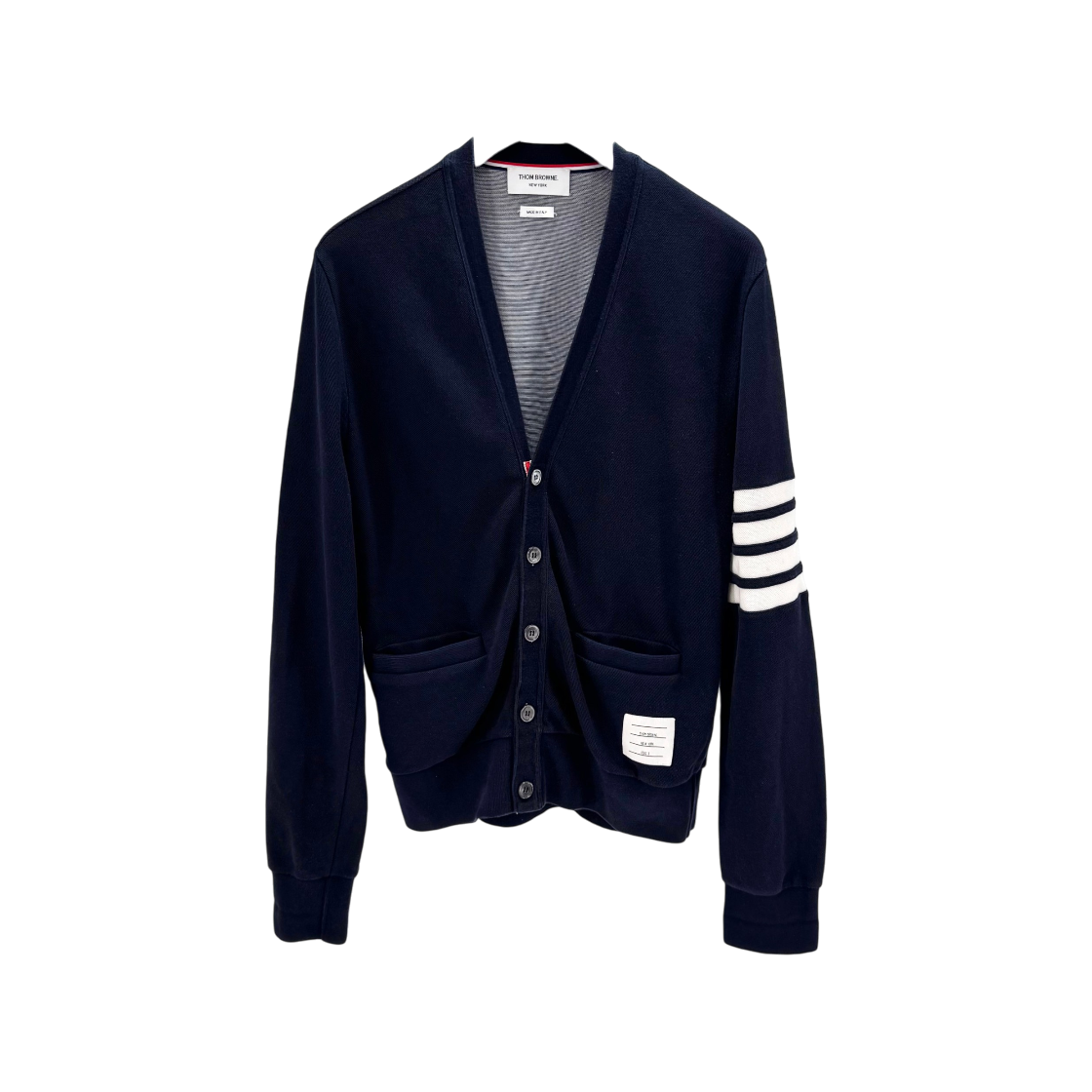 ITOPDFL7I2HM Thom Browne Striped V Neck Cardigan Navy MJT325A