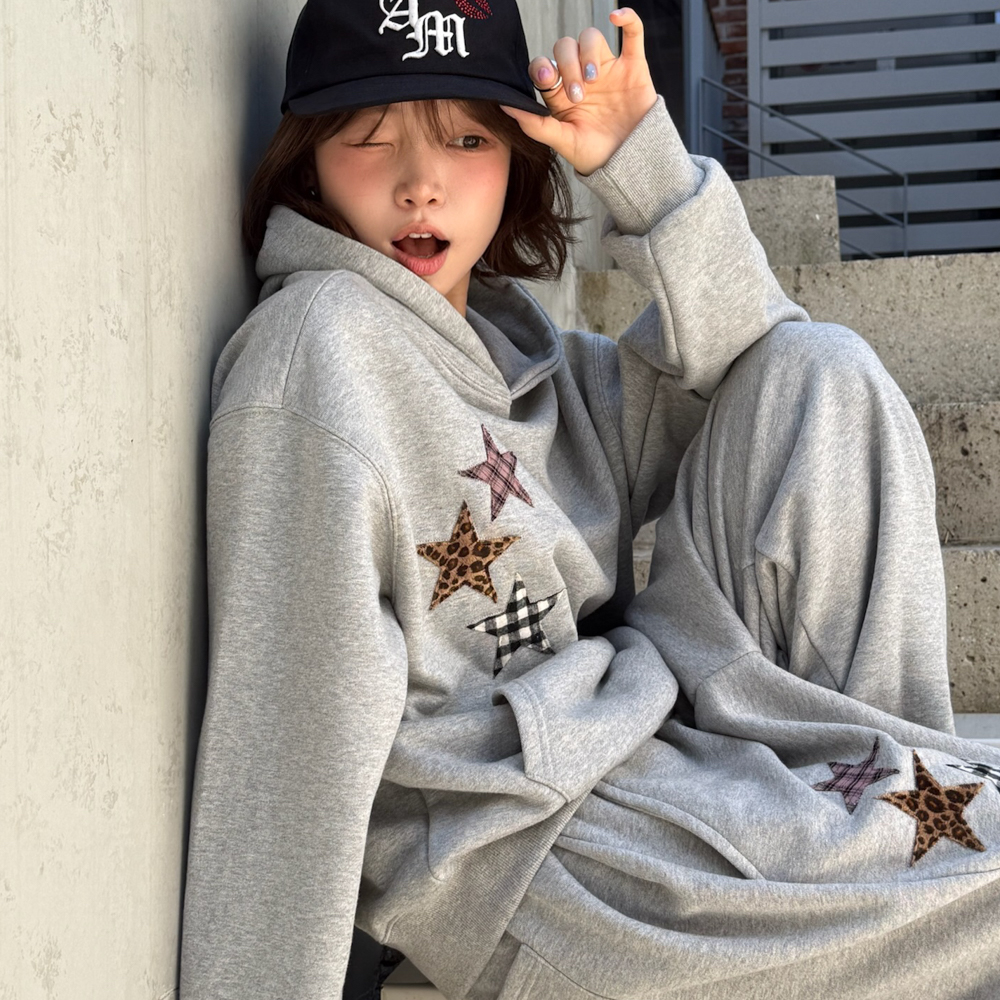 아모우 믹스 스타 아플리케 후디 그레이(AMOU Mix Star Applique Hoodie Gray) - 4