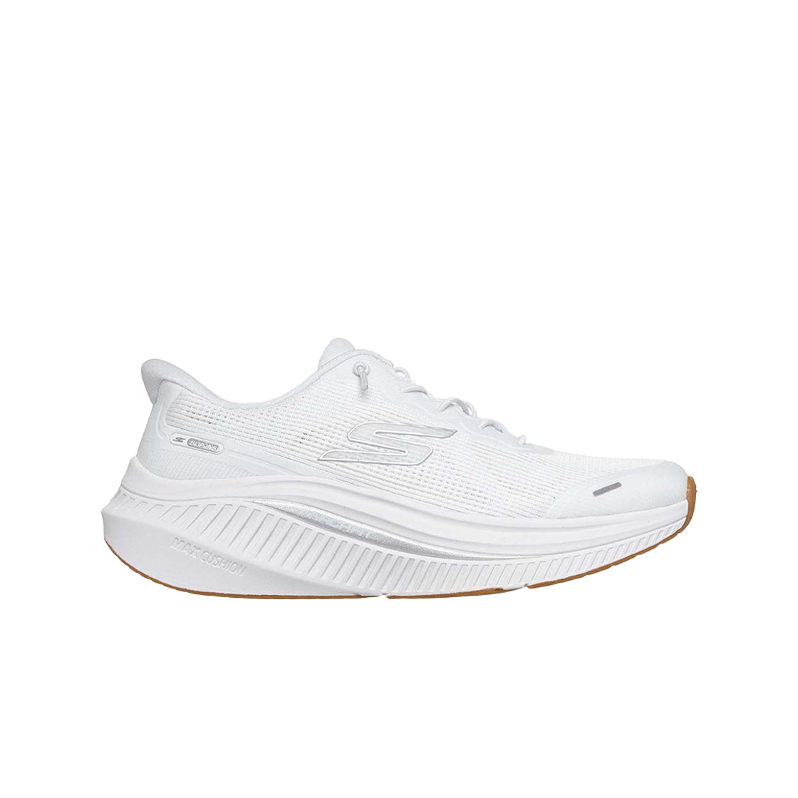(W) 스케쳐스 슬립 인스 고 워크 맥스 쿠셔닝 아치 핏 페이지 화이트 실버((W) Skechers Slip Ins Go Walk Max Cushioning Arch Fit Paige White Silver)