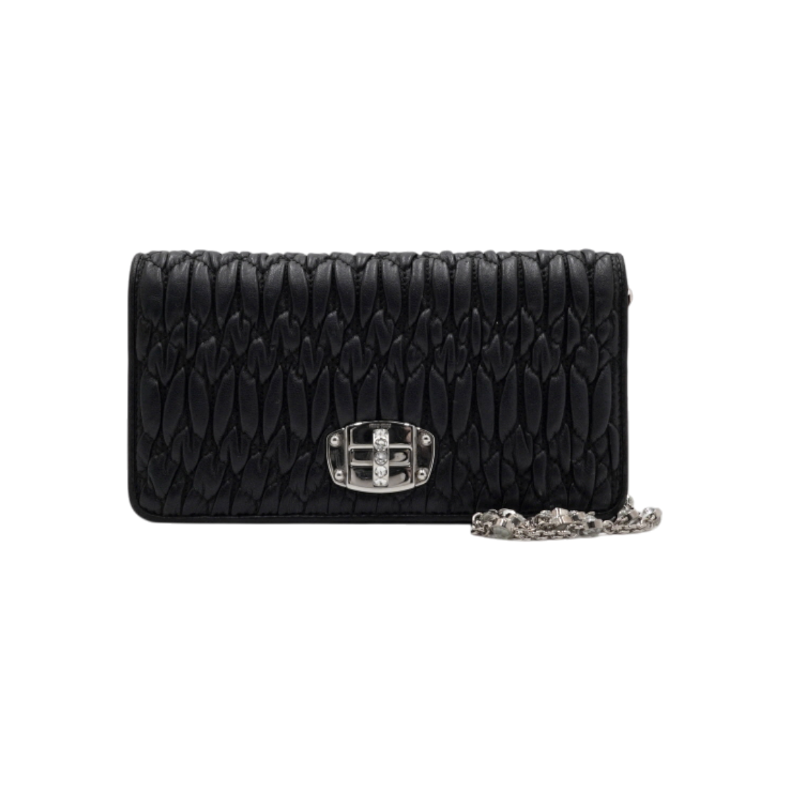 ITL87JFD7OV7 Miu Miu Black Nappa Leather Matelasse Crystal Chain Shoulder Bag