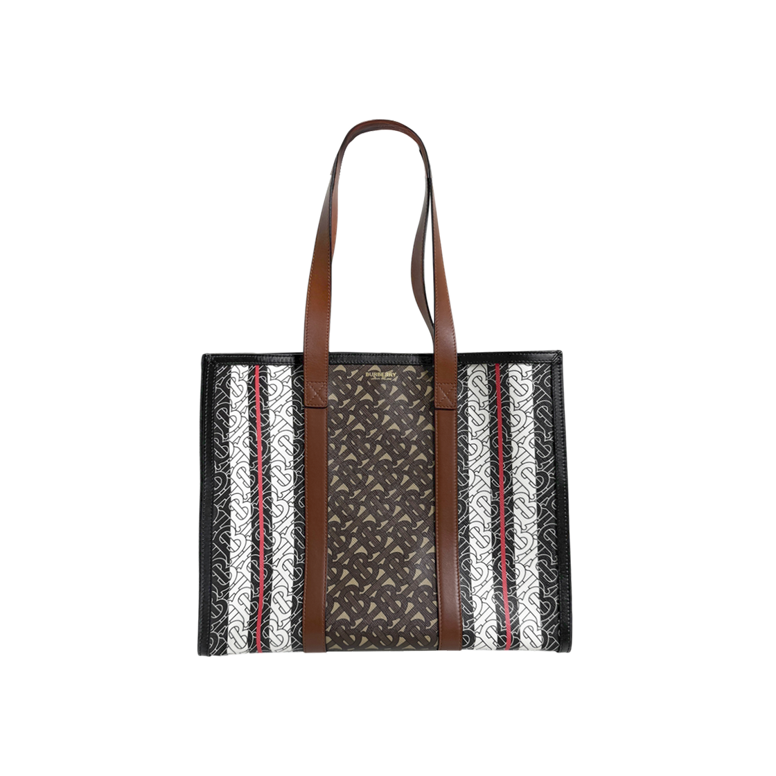 ITLG4ELRAKLK Burberry Monogram TB Stripe Leather Canvas Tote Bag Brown
