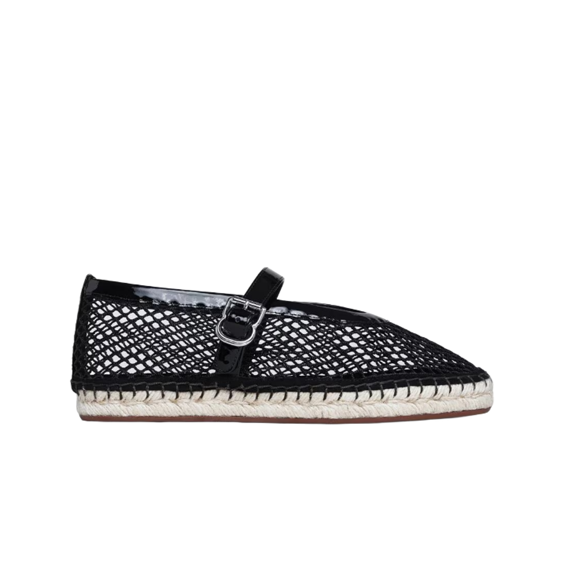 (W) 알라이아 피쉬넷 앤 페이턴트 레더 에스파드리유 블랙((W) Alaia Espadrilles in Fishnet and Patent Leather Black)