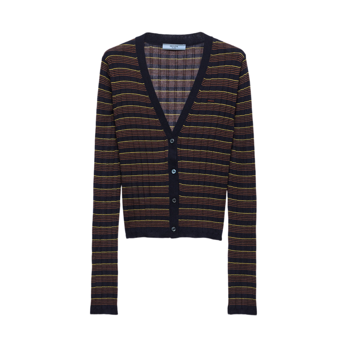 (W) 프라다 스트라이프 캐시미어 앤 실크 가디건 블루 토바코((W) Prada Striped Cashmere and Silk Cardigan Blue Tobacco) - 1