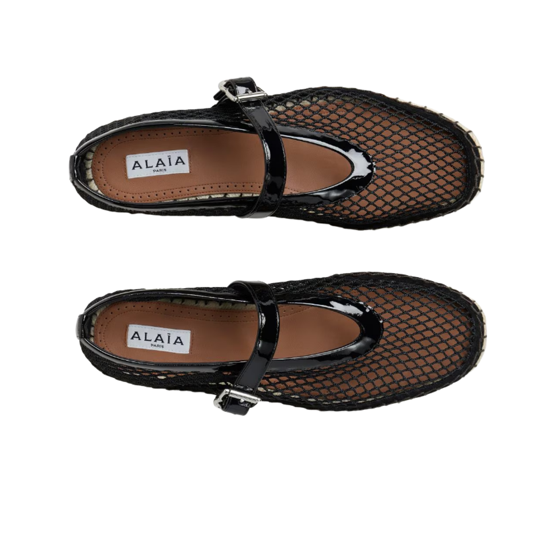 (W) 알라이아 피쉬넷 앤 페이턴트 레더 에스파드리유 블랙((W) Alaia Espadrilles in Fishnet and Patent Leather Black) - 2