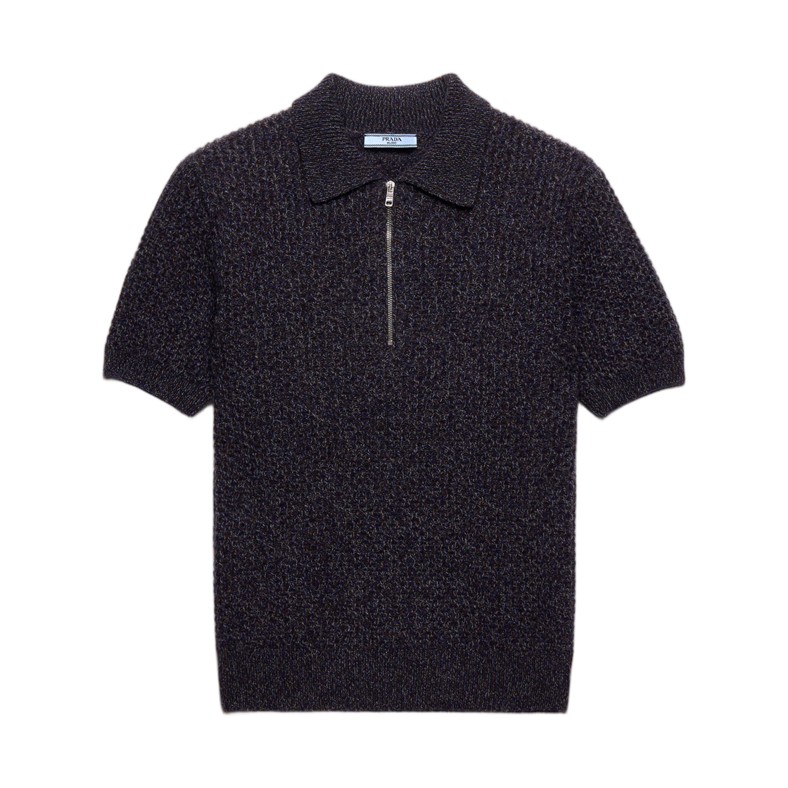 P24E3P-6348-F0Y20 (W) Prada Short-Sleeved Wool and Mouline Cashmere Polo Sweater Dark Brown Slate