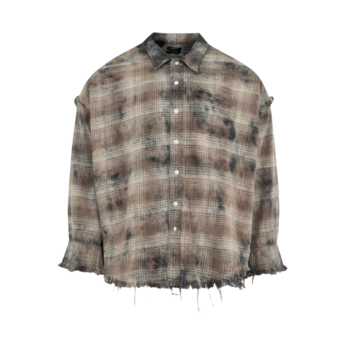 (W) R13 슈레디드 심 드롭 넥 셔츠 오버다이드 그레이 플레이드((W) R13 Shredded Seam Drop Neck Shirt Overdyed Grey Plaid)