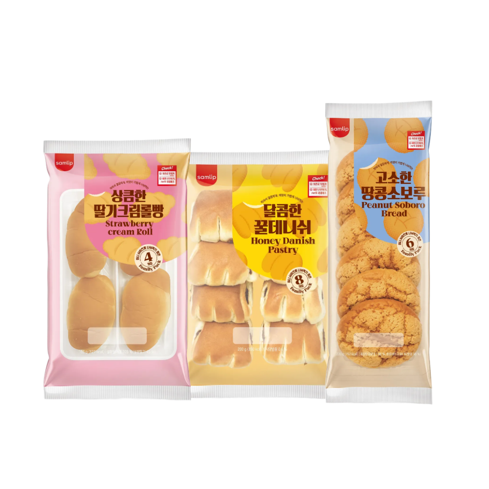 삼립 온가족 간식빵 3종 3봉 (땅콩소보루6입/딸기크림롤빵4입/꿀데니쉬8입) 3봉(Samlip Whole Family Snack Bread 3 Types, 3 Packs (6 Peanut Soboru / 4 Strawberry Cream Roll Bread / 8 Honey Danish) 3 Packs)