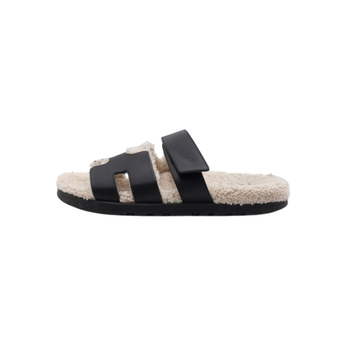 IT62L7FOUUHB Hermes H222865Z Black Craft Ecru Shearling H Logo Sandals