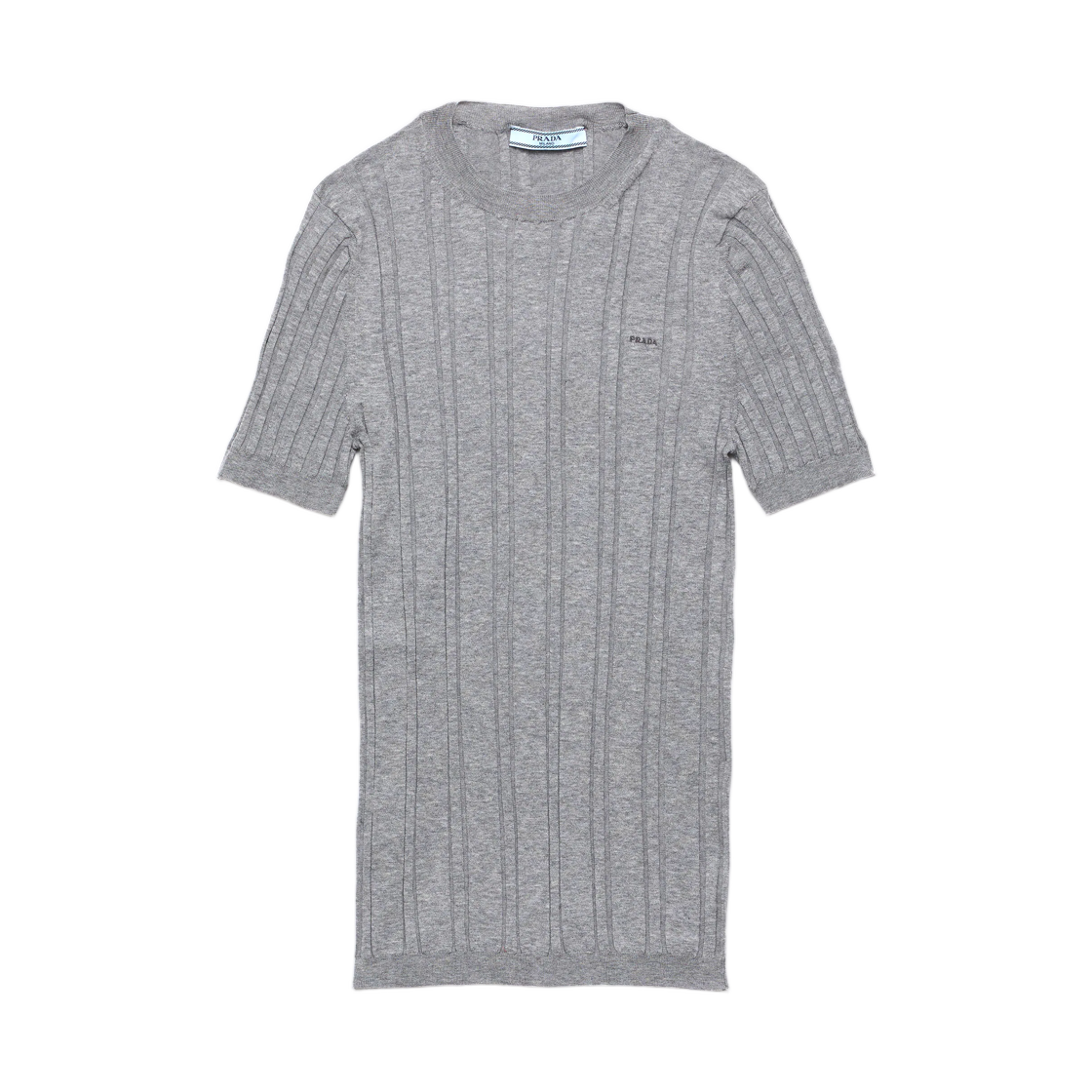 (W) 프라다 숏슬리브 립드 니트 코튼 스웨터 그레이((W) Prada Short-Sleeved Ribbed Knit Cotton Sweater Grey)